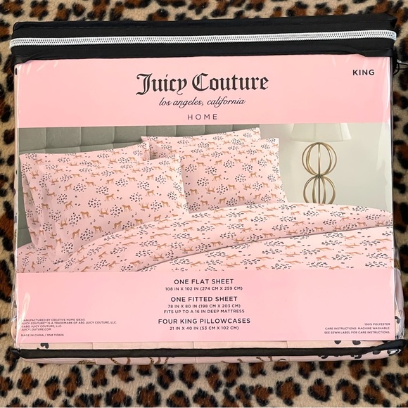 JUICY COUTURE HOME Bedding Sheet Set KING SIZE Pink Cheetah Logo 6-Piece NEW - Picture 5 of 9